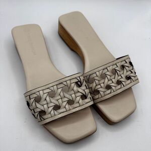Tory Burch Basketweave Clog Sandals Cream Leather Square Toe Slip On Sz 10